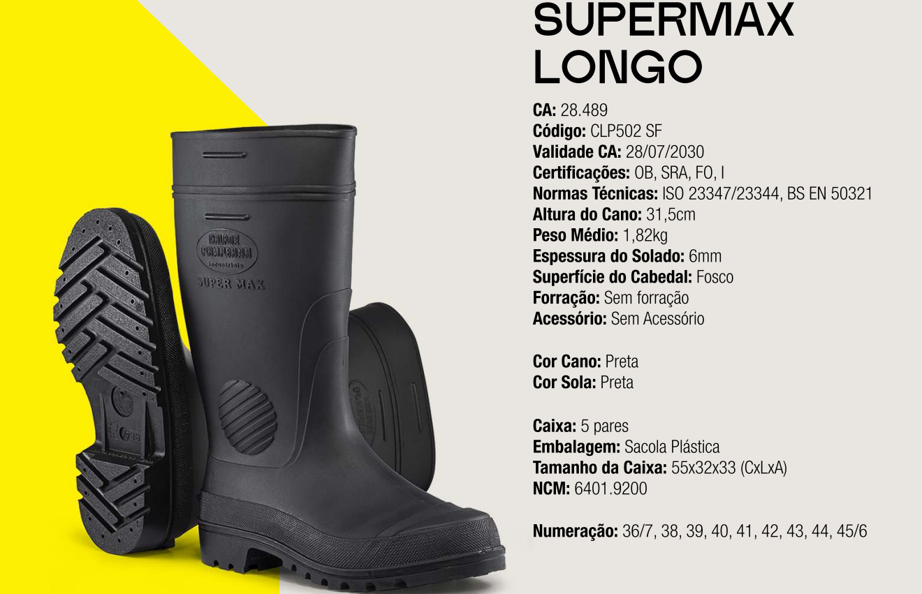BOTA PVC CANO LONGO IND. SUPERMAX PRETA SEM FORRO | CA 28489